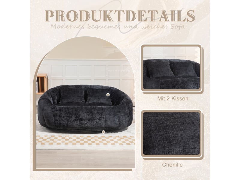  Fauteuil pouf xxl adulte, canapé de sol 2 places en chenille noir, mousse mémoire de forme, chauffeuse sans armature 150cm  - Conforama D