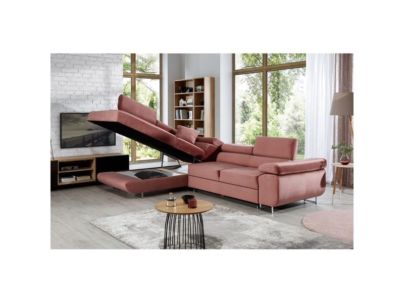  Canapé d'angle convertible menton rose velours – angle gauche avec coffre  - Conforama E
