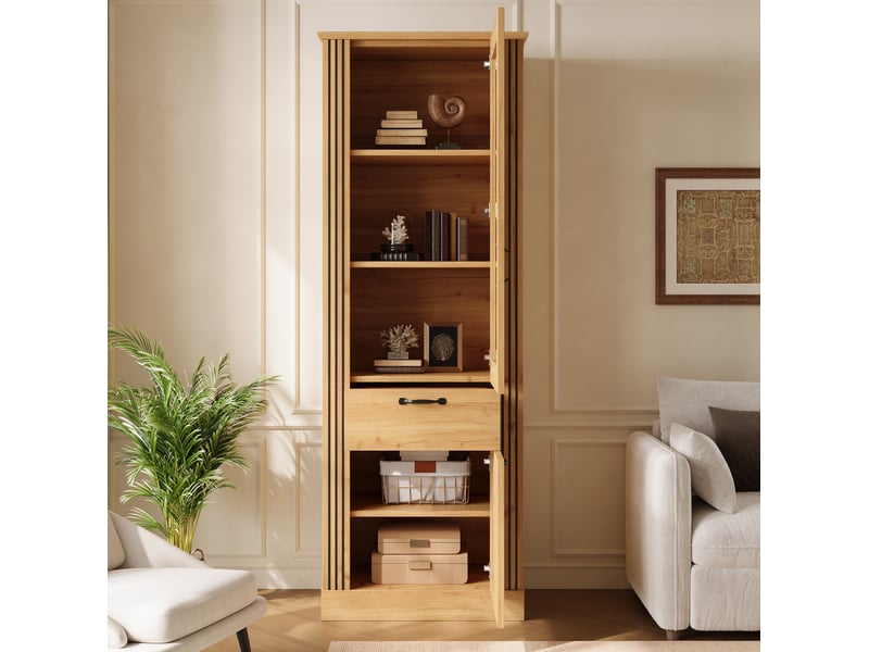  Buffet 62x41x180 cm avec porte, éclairage led piloté par application, tiroir, panneau de particules, coloris naturel  - Conforama E