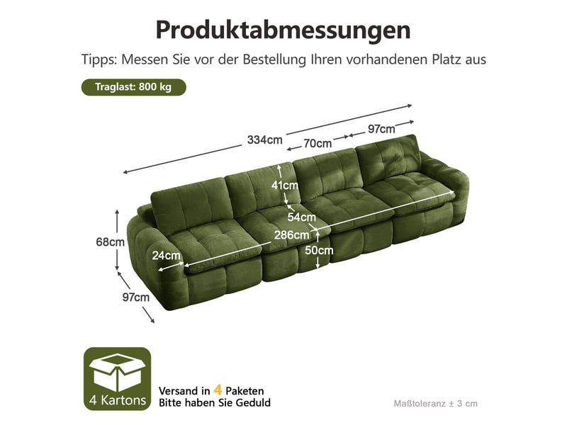  Canapé 4 places - 334 x 97 x 68 cm - canapé modulable en chenille avec assise profonde et coussins - vert  - Conforama E