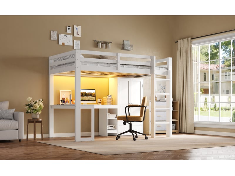 Lit mezzanine 90 × 200 cm, bureau, étagères et armoire intégrés, connexion usb et éclairage led, pin et mdf, blanc - Conforama B