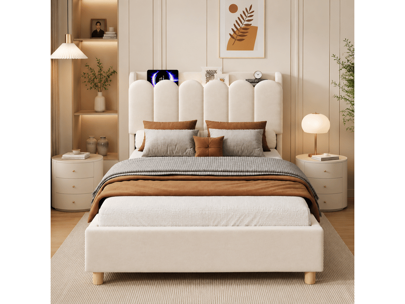  Lit enfant 90x200 cm en velours beige avec sommier, usb, type-c et lampe de lecture  - Conforama D