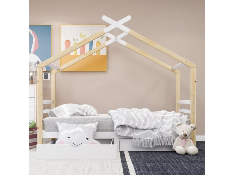  Lit enfant 90x200 cm avec tiroirs – lit cabane montessori – style scandinave – blanc  - Conforama E