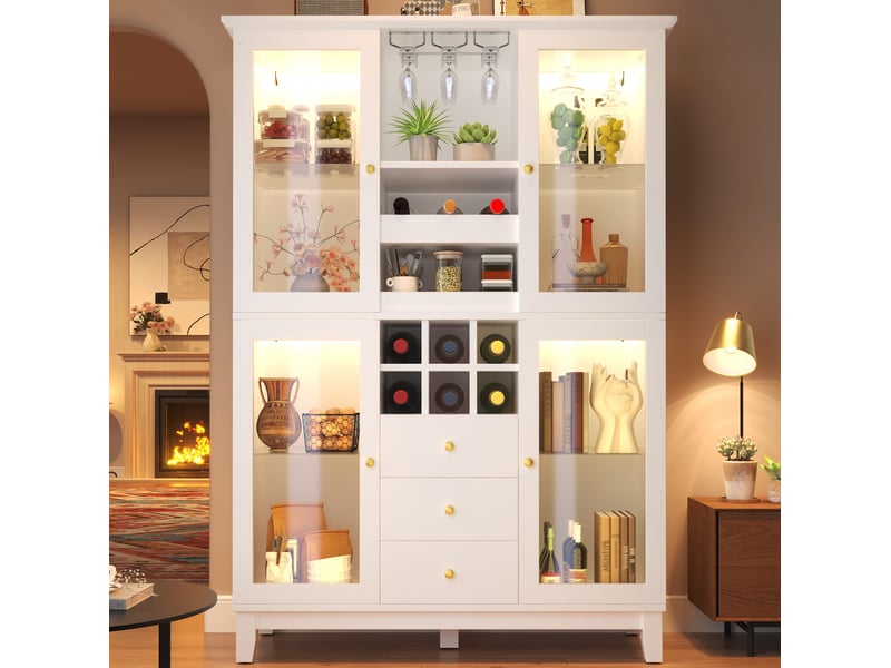 Buffet à vin modenvie avec éclairage led connecté, 120 x 40 x 180,5 cm, 3 tiroirs, range-verres et range-bouteilles, blanc  - Conforama D
