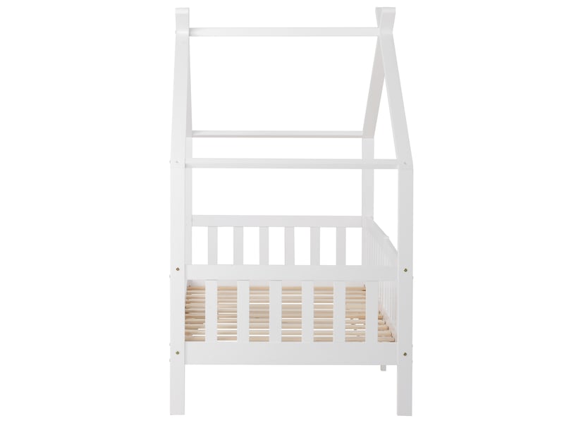  Lit cabane enfant 90 x 200 cm en bois massif avec barrière et sommier a lattes, lit 1 personne avec protection anti-chute, blanc  - Conforama B