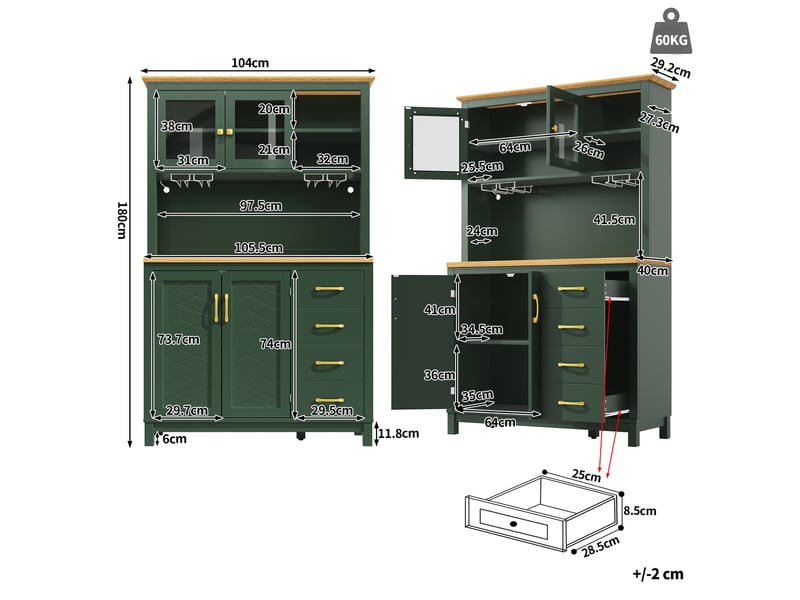  Buffet de cuisine 105,5x40x180 cm vert mdf, 4 portes, led intégrée, style campagne, rangement pratique  - Conforama C