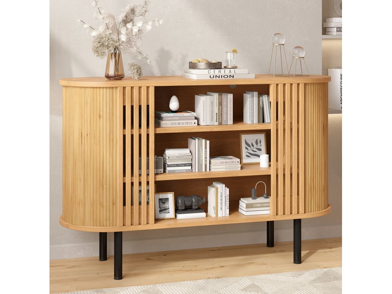  Buffet et enfilade avec 3 niches ouvertes et 4 pieds réglables en métal, aspect bois naturel, pour salon et entrée  - Conforama D