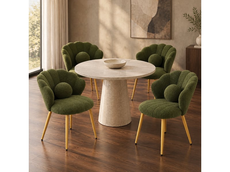  Lot de 4 chaises de salle à manger style coquillage en tissu teddy vert, pieds dorés  - Conforama D