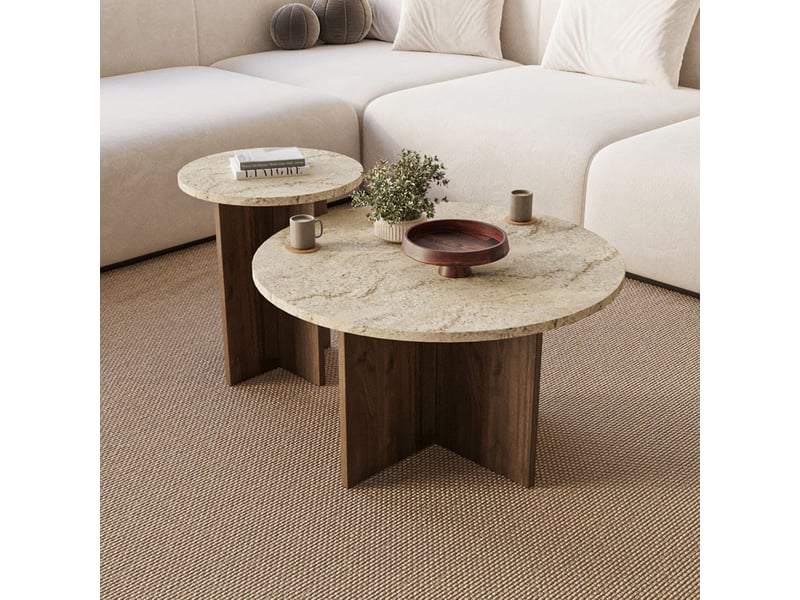  Ensemble de 2 tables basses rondes effet travertin et noyer travi  - Conforama B