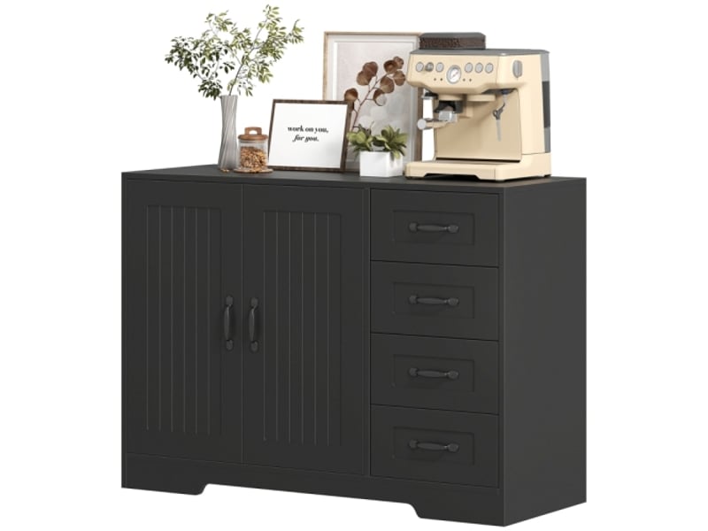  Buffet noir contemporain – 4 tiroirs et 1 porte, meuble salon 105×40×76 cm – à retirer sur place  - Conforama A