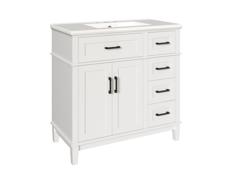  Meuble vasque salle de bain blanc 90 cm avec lavabo céramique intégré, tiroir silencieux et portes doubles  - Conforama E