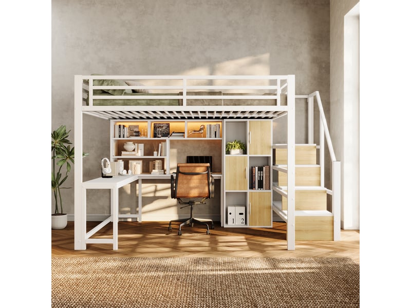 Lit mezzanine 140 x 200 cm - avec échelle de rangement - avec compartiments de rangement - avec bande lumineuse led - blanc (matelas non inclus) - Conforama B