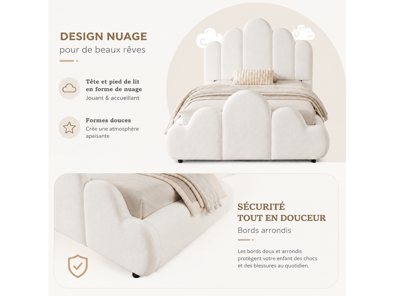  Lit enfant 90 × 200 cm 1 place avec tête de lit rembourrée et coins arrondis, sans matelas, en bouclette beige  - Conforama E