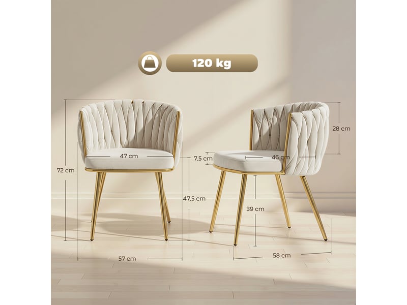  Lot de 2 chaises de salle à manger, chaises de cuisine rembourrées en velours avec dossier tressé et accoudoirs, crème  - Conforama C