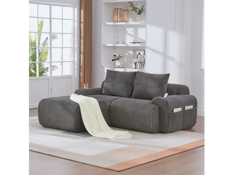 Canapé modulaire 2 places avec pouf, porte-gobelets et poche latérale, en velours côtelé, gris foncé - Conforama D