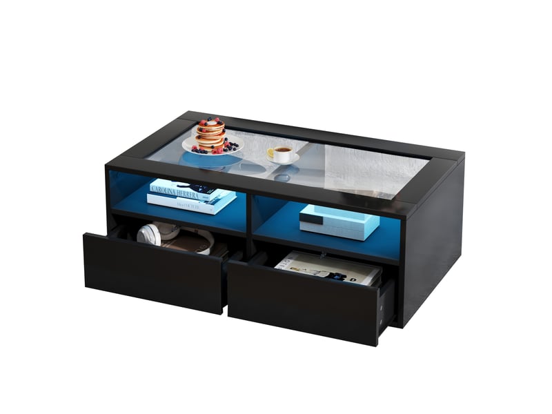  Table basse led 100 x 50 x 35 cm, 2 tiroirs, verre trempé et rangements ouverts, noire  - Conforama A