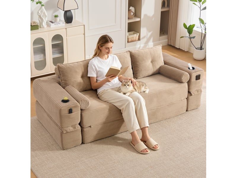 Canapé convertible 3 places en velours côtelé beige avec poches latérales et porte-gobelets - Conforama D