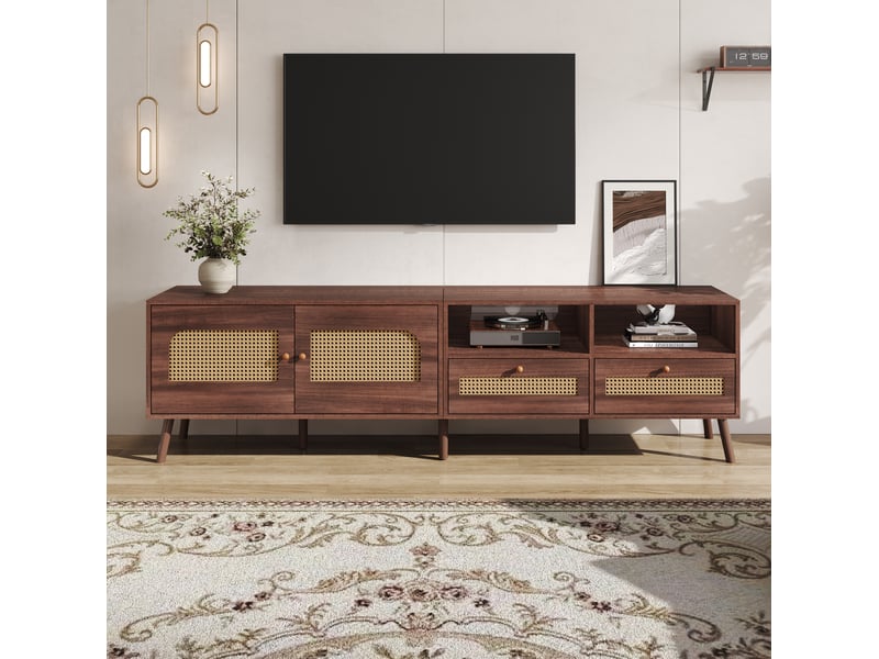  Meuble tv 200 x 37 x 49,5 cm avec 2 portes en rotin, 2 tiroirs, marron foncé  - Conforama E