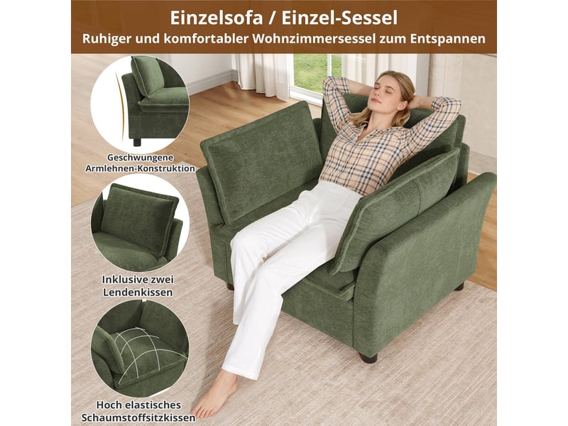 Fauteuil moderne avec accoudoirs, en tissu chenille vert, rembourrage doux, parfait pour lecture, détente, salon, bureau ou petit espace - Conforama E