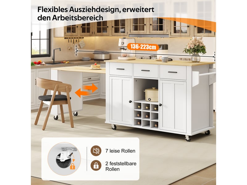  Îlot de cuisine avec plateau extensible 3 tiroirs et 7 roulettes 136-223x50x93 cm N635P3920888990W - Conforama E