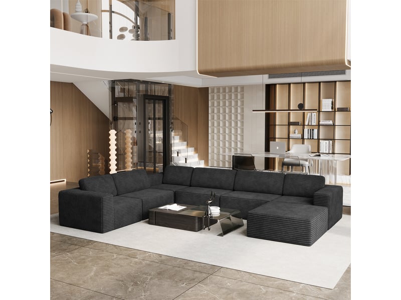  Canapé modulaire panoramique 7 places ouvert à droite,velours côtelé,1 pouf,canapé compressé pour grand salon,404x303x82cm,noir 404x303x82CM - Conforama W