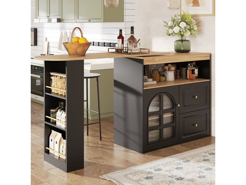  Table de bar pivotante à 360° et extensible, avec 2 tiroirs et porte vitrée, en mdf noir  - Conforama C