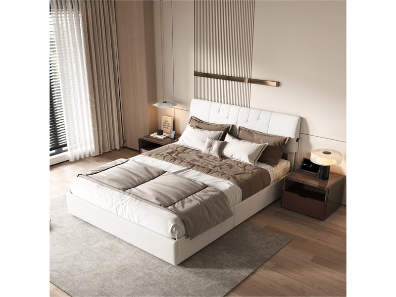 Lit coffre hydraulique 140 x 190 cm-blanc - lit double rembourré en tissu bouclette avec tête de lit réglable et ports usb  - Conforama D