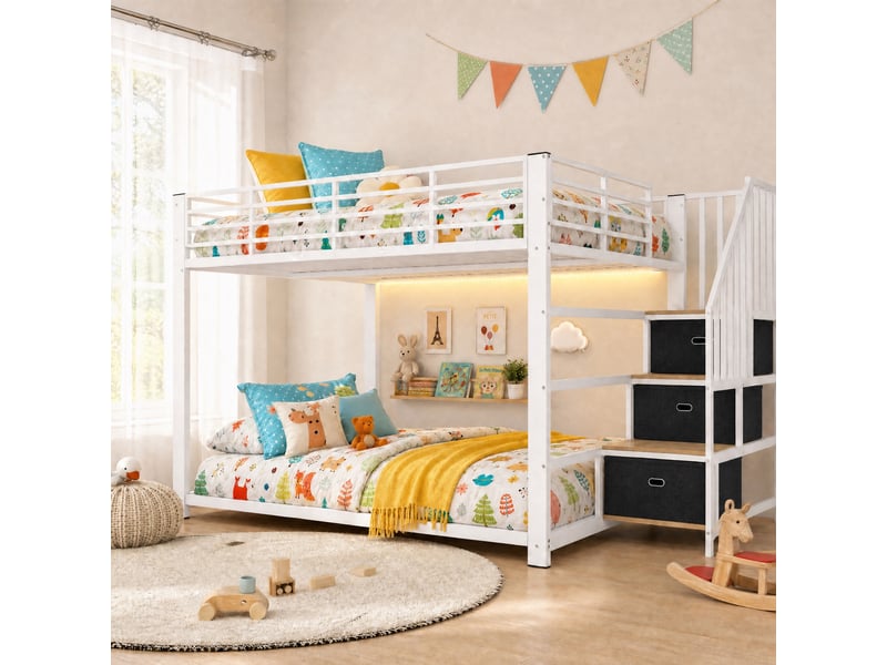 Lit superposé adulte en métal 140×200 cm lit enfant adolescent lit double avec led ports usb escalier de rangement, blanc - Conforama D