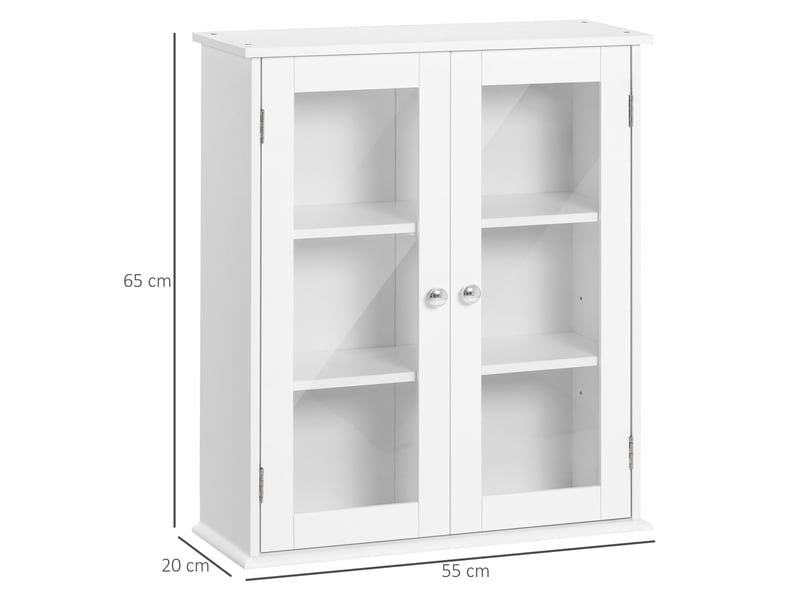  Armoire murale salle de bain 55 x 20 x 65 cm, 2 portes vitrées, étagères intérieures réglables, meuble suspendu multifonction  - Conforama E