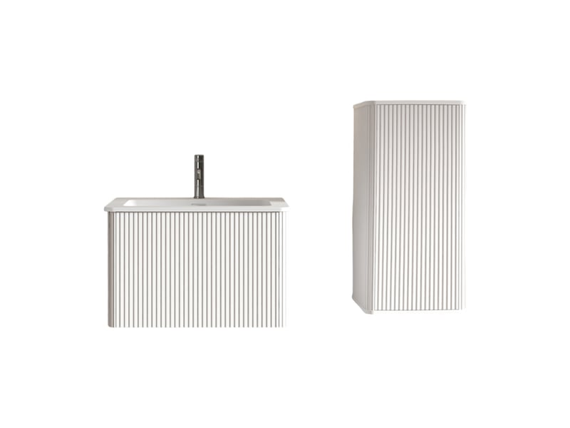  Meuble sous vasque suspendu avec meuble colonne, vasque et rangement, éclairage, pour salle de bain, en mdf blanc  - Conforama A