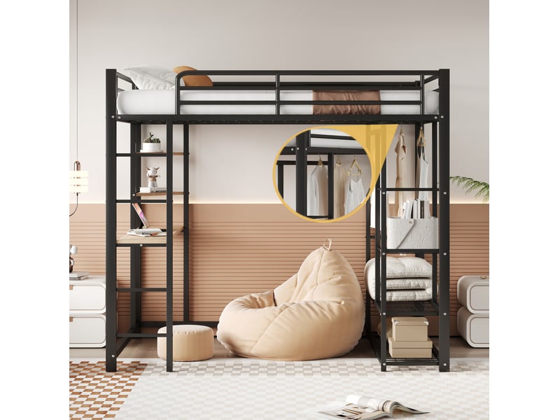 Lit mezzanine double 140x200 cm en métal noir avec bureau, penderie et étagères - Conforama D
