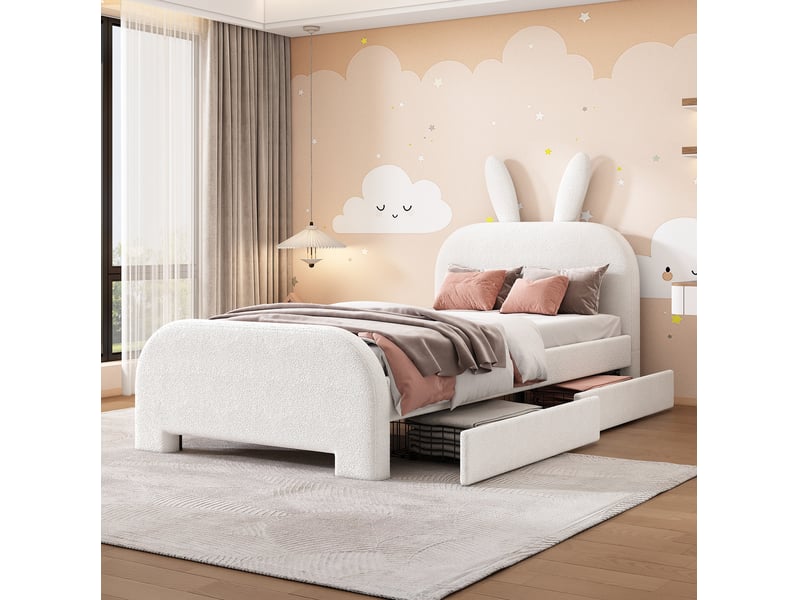  Lit enfant 90x200 cm avec tiroirs, tête de lit lapin rembourrée blanche  - Conforama E