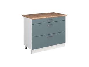 Vicco meuble cuisine, bleu-grisblanc, 100cm plan de travail chêne doré