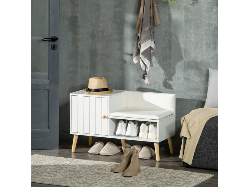  Banc à chaussures pour 4 paires avec compartiment ouvert et assise rembourrée pour entrée, 80 x 33 x 49 cm, blanc  - Conforama D