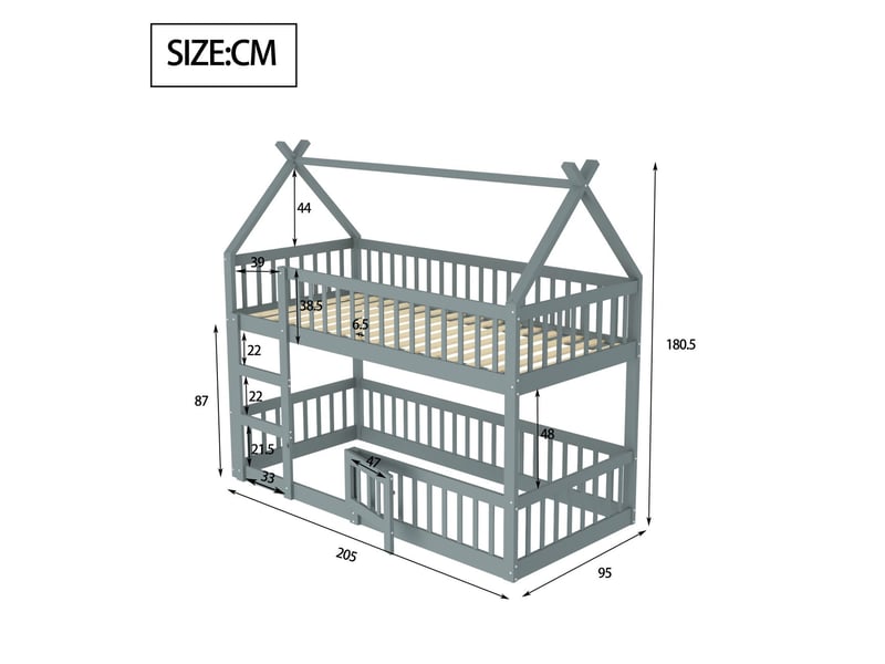  Lit superposé 90x200 - bois massif gris - lit superposé enfant - design cabane, barrières hautes, porte d'entrée  - Conforama C