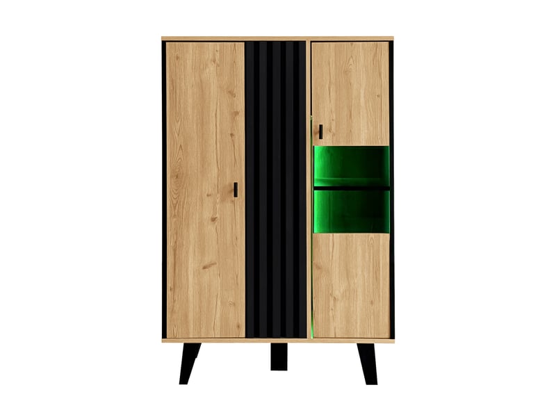  Buffet bois et noir 120 cm, vitrine avec éclairage led, 2 portes en verre, meuble de rangement  - Conforama W
