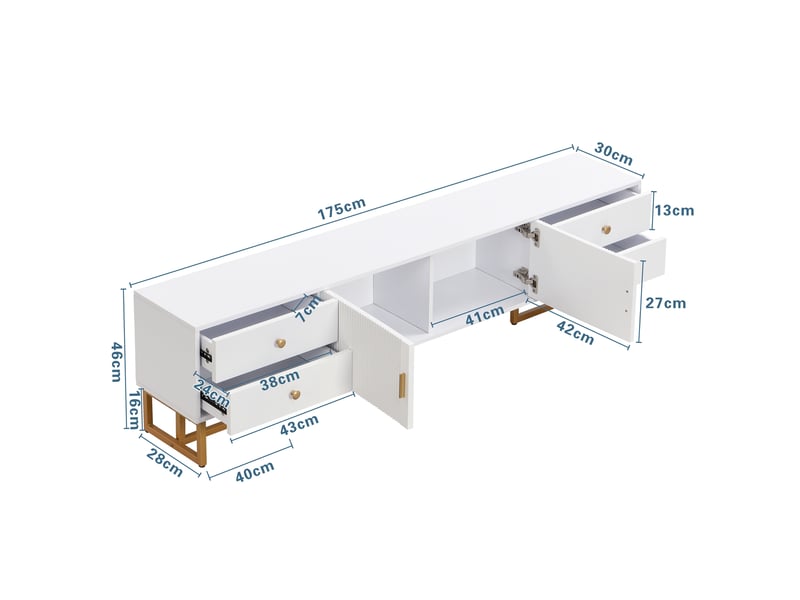  Meuble tv avec 4 tiroirs, 2 portes texturées, charnières amorties et pieds dorés en mdf blanc 175×30×46 cm  - Conforama D