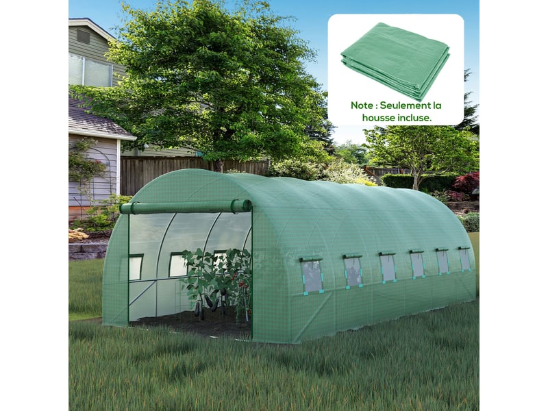  Bâche de rechange serre tunnel 18 m², bâche 6 x 3 x 2 m pe anti-uv imperméable 12 fenêtres + porte enroulable zippée vert  - Conforama D