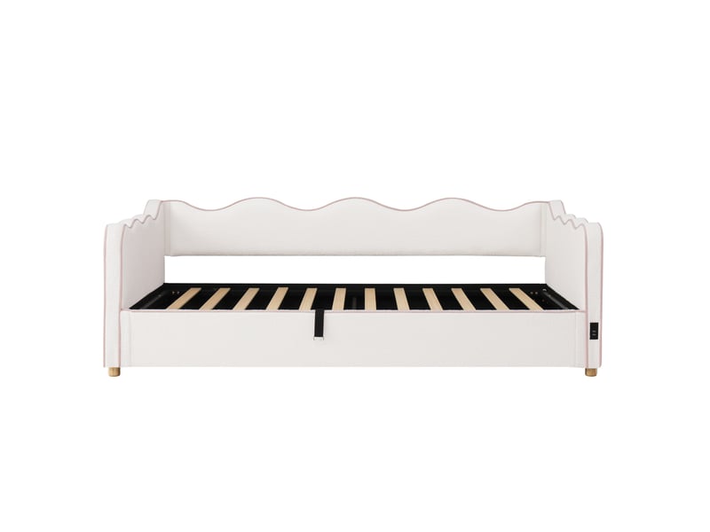  Lit de jour 90x200 cm avec rangement hydraulique, lit rembourré, canapé-lit avec port usb et dossier, bouclé, beige  - Conforama E
