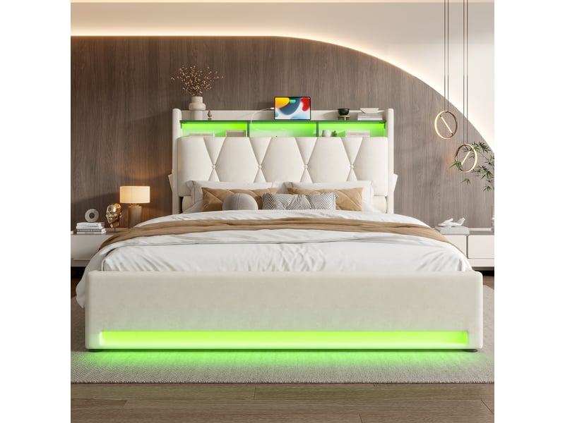  Lit coffre rembourré 140 x 200 cm, rangement hydraulique, tête de lit avec rangement, led, usb-c, velours, beige Bliss Lite - Conforama E