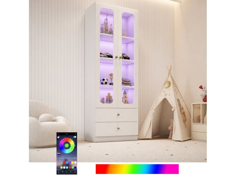 Vitrine avec 2 portes vitrées, 2 tiroirs et led rgb contrôlée par application, en mdf et verre blanc, 60 × 35 × 170 cm - Conforama D