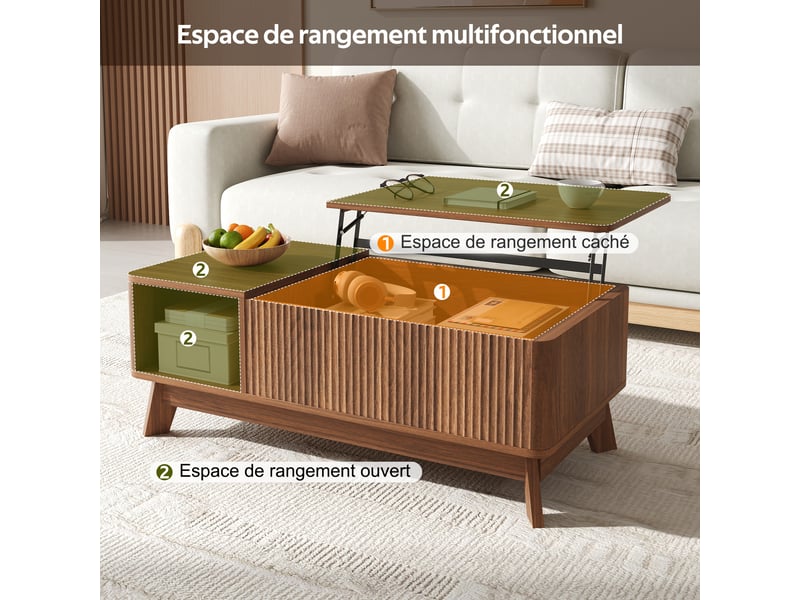  Table basse 95x48x50 cm, plateau relevable, grand rangement, façade ondulée, style scandinave pour salon et séjour - noyer  - Conforama E