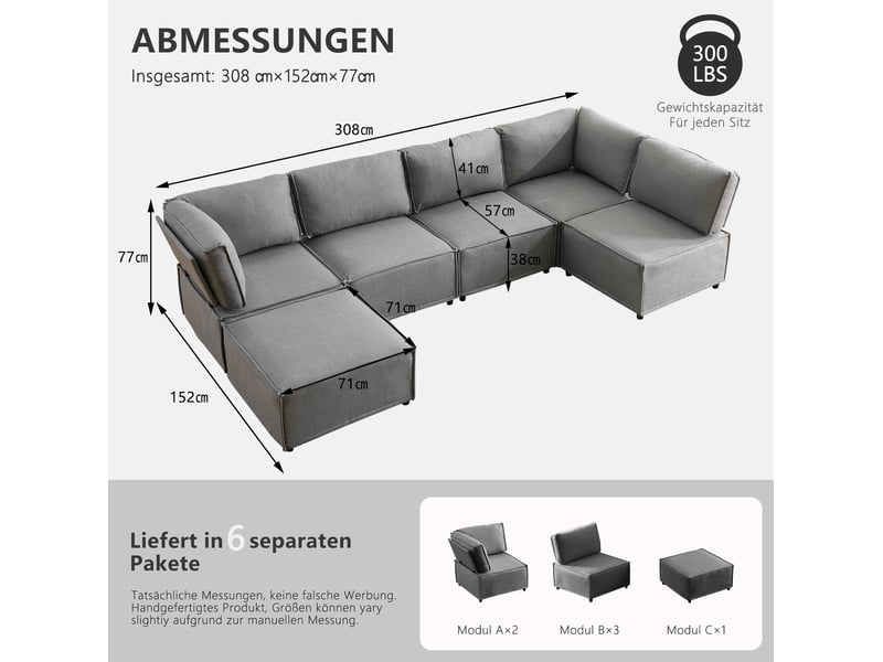 Canapé d'angle modulable convertible 6 places en tissu gris clair, 308 cm, pour salon et couchage d'appoint - Conforama C