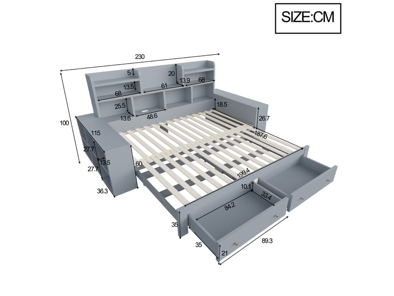 Lit extensible 90 x 200 cm gris en mdf, rangements, tiroirs, prise et éclairage led pour chambre - Conforama C