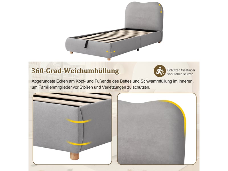  Lit coffre simple 90 x 200 cm avec sommier relevable et rangement sous le lit, tête de lit rembourrée et sommier à lattes, lin, gris Morn Vibe - Conforama E