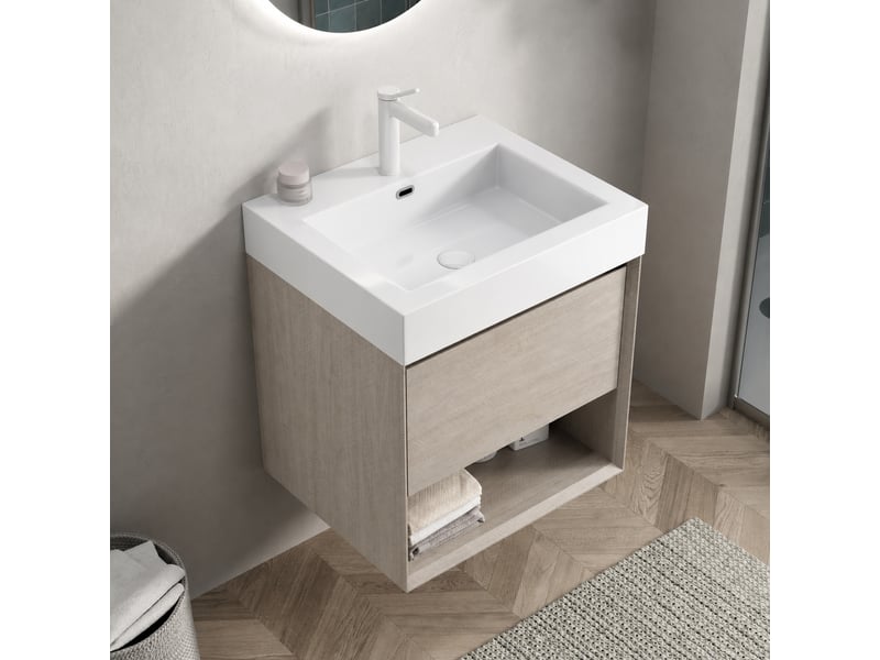  Meuble vasque suspendu 55 cm effet chêne clair avec vasque rectangulaire en résine minérale  - Conforama D