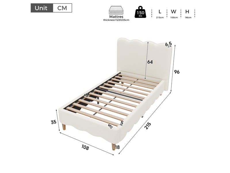  Lit enfant simple 90×200 cm tête de lit rembourrée et rangement  - sans matelas, bouclé blanc  - Conforama D