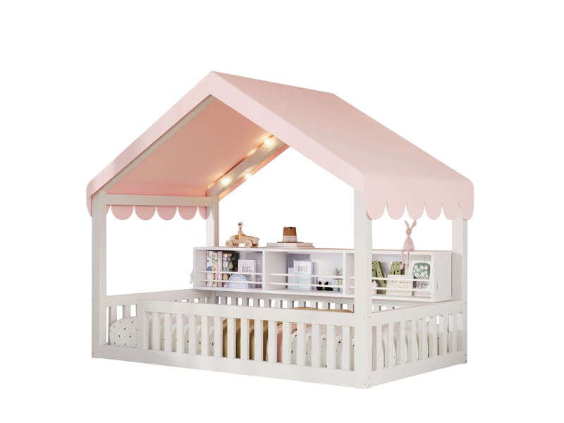 Lit cabane enfant 90x200 cm blanc avec barrières, étagère et guirlande led - Conforama A