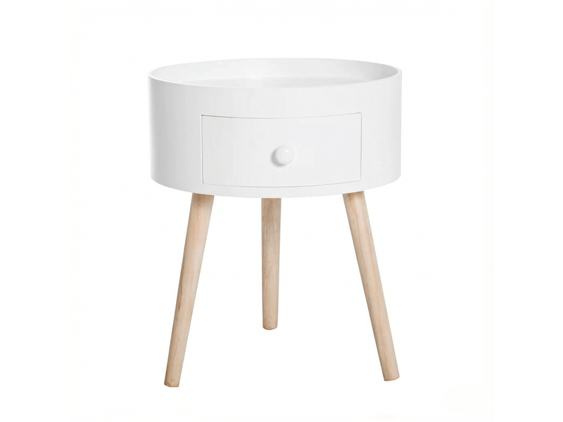  Table de chevet tcqpz ronde avec tiroir 38 x 38 x 45 cm mdf et bois blanc et bois clair  - Conforama A