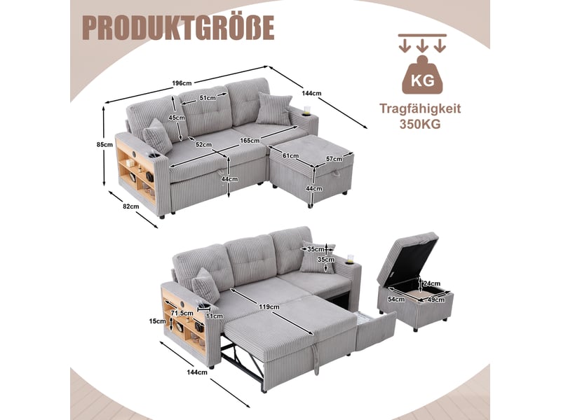  Canapé 3 places 196x82–144x85 cm lumières led prise usb‑c intégrée coussins moelleux velours côtelé gris clair  - Conforama C
